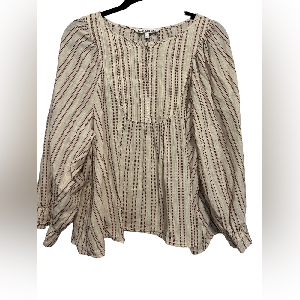 Elizabeth and James Tan Red Striped Long Sleeve Peasant Blouse Top size large